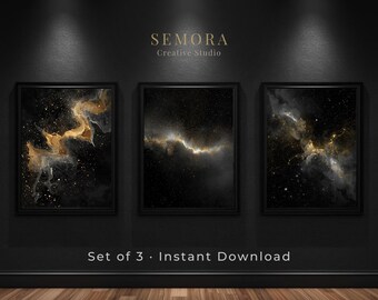 Tryptyk Galaktyki Kosmicznej Czarno-Złota Mgławica do Druku Dekoracja Ścienna