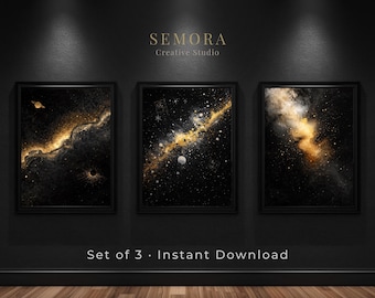 Tryptyk abstrakcyjny galaktyki, czarno-złoty, kosmiczny, do druku, dekoracja ścienna