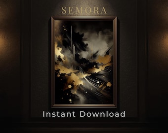 Czarno-złota abstrakcyjna dekoracja ścienna do druku, nowoczesna, cyfrowa do pobrania