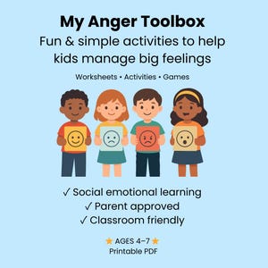 May include: A light blue graphic with the text "My Anger Toolbox" and "Fun & simple activities to help kids manage big feelings." Four diverse children hold signs with different emoji faces. The image also includes the text "Worksheets • Activities • Games."