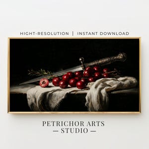 Puede incluir: Una pintura de naturaleza muerta con cerezas rojas maduras, un cuchillo decorativo y una ramita de vegetación sobre un paño blanco. La obra de arte está sobre un fondo oscuro y enmarcada en oro. El texto "HIGHT-RESOLUTION | INSTANT DOWNLOAD" es visible.