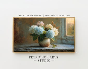 Hydrangea Frame TV Art | White Floral Artwork | Vintage Style | Summer Cottage Decor | Digital Download