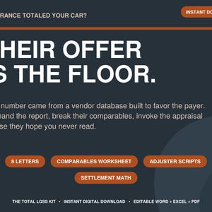 May include: A digital document titled Insurance Totaled Your Car? with the text Their Offer Is The Floor. It includes sections for 8 Letters, Comparables Worksheet, Adjuster Scripts, and Settlement Math, formatted as an instant digital download.