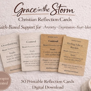 May include: Christian reflection cards with the text "Grace in the Storm" and "Faith-Based Support for Anxiety, Depression, Fear, Identity." The cards are beige with text including "Overthinking" and "Control."
