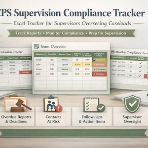 Könnte beinhalten: Ein Bild des CPS Supervision Compliance Tracker, ein Excel-Tracker für Supervisoren. Das Bild zeigt drei Berichtbeispiele mit Bezeichnungen wie "Überfällige Berichte & Fristen" und "Aufsicht". Der Text "Berichte verfolgen, Compliance überwachen, für die Aufsicht vorbereiten" ist ebenfalls sichtbar.