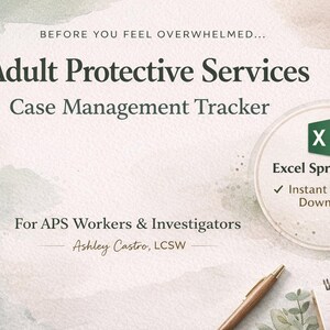 May include: A digital product advertisement for an Adult Protective Services Case Management Tracker. The design features text, an Excel spreadsheet icon, and the phrase "Instant Digital Download". A pen and notepad are visible.