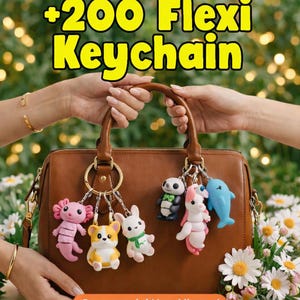 Puede incluir: Un bolso marrón con varios llaveros de colores. Los amuletos incluyen un ajolote rosa, un corgi amarillo y blanco, un conejo blanco, un panda, un unicornio rosa y un delfín azul. El texto "+200 Flexi Keychain" está en la parte superior.