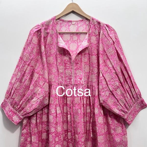 Pink Hand Block Printed Cotton Dress, Bohemian Floral Midi
