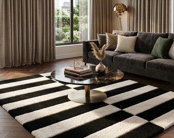 Schwarz Weißer Teppich mit Karo Muster, Geometrische Muster Teppich, Handgemachter Wollteppich, Zeitgenössischer Wohnzimmer Teppich, Statement Dekoration
