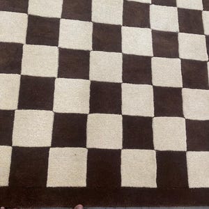 Handmade Checkerboard Area Rug | Brown Cream 100% Wool Rug | Modern Straight Check Grid | Cozy Living Room Carpet image 9