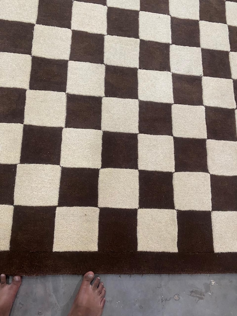 Handmade Checkerboard Area Rug | Brown Cream 100% Wool Rug | Modern Straight Check Grid | Cozy Living Room Carpet image 9