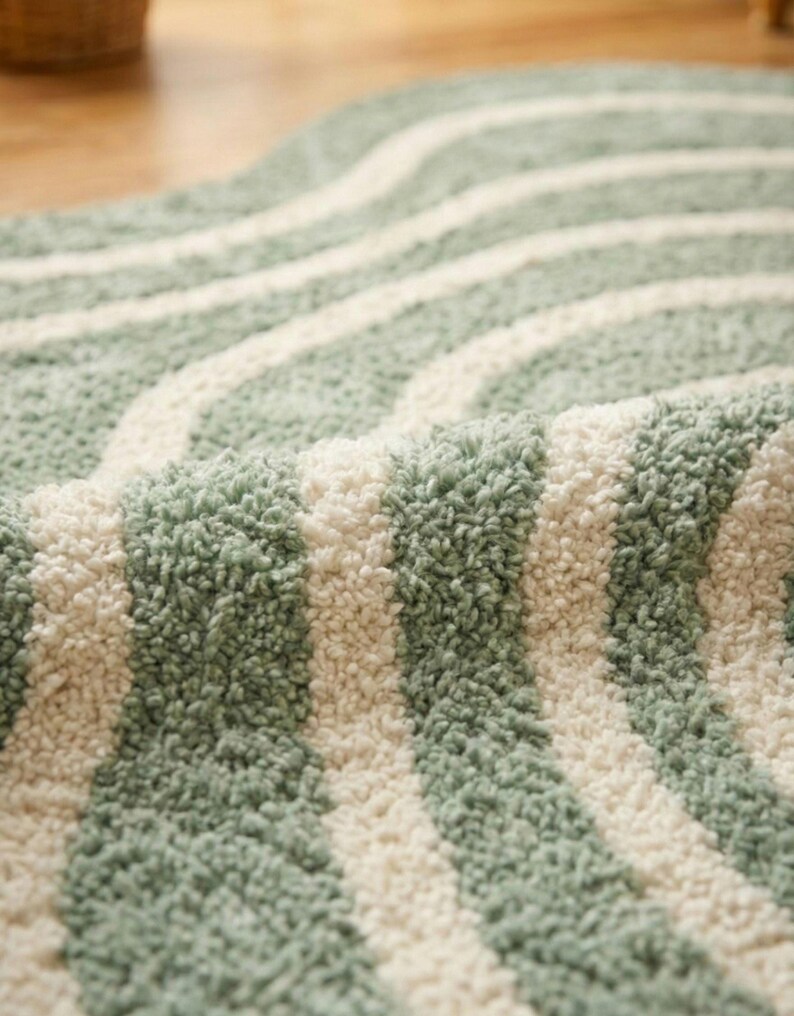 Calming Rug Sage Green Swirl Rug, Danish Pastel Irregular Wavy Rug, Retro 70s ...