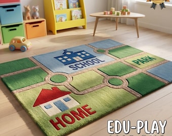 Stadtplan-Spielteppich fürs Kinderzimmer, Spielzeugautobahn-Teppich, niedliche Bodenmatte mit Schul-, Park- und Heimmotiven, Geschenk für Kleinkinder, individuell gestaltbarer Teppich