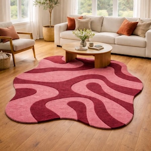 Retro 70er Jahre Custom Roter Swirl Klecks Teppich | Gewelltes Kirschrot und Rosa ästhetisches Raumdekor | Organischer moderner Akzent Teppich