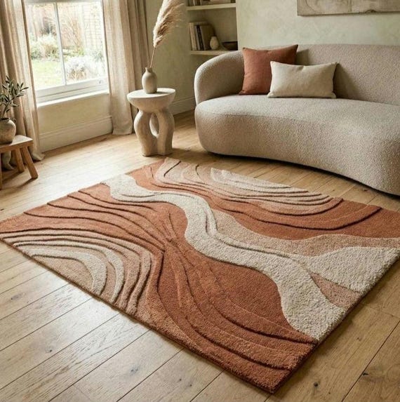 Sculpted Organic Modern Rug Handtufted Textured Wool Area Rug Warm Terracotta & Cream Floor Piece Custom Wabi Sabi Living Room Art