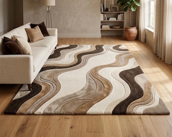 Abstrakter, handgetufteter Wollteppich mit Wellenmuster, skulpturales 3D-Design, neutraler, moderner Wohnzimmerteppich