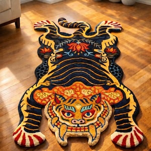 Tibetan tiger rug • Realistic Tiger Shape Rug • 100% Wool Living  and Kids Room Carpet • Jungle Theme Floor Mat • Unique Statement Piece