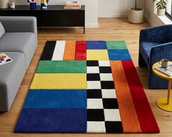 Handgetufteter Bauhaus-Wollteppich mit geometrischem Muster, Schachbrettmuster und Farbblockdesign, maximalistischer Wohnzimmerteppich