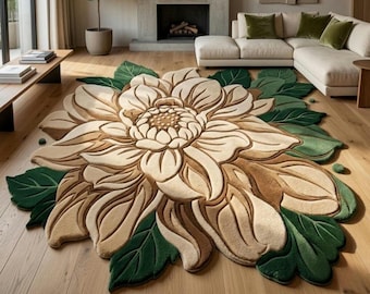 Handgetufteter 3D-Blumenteppich | Beige-grüner Teppich mit botanischem Muster | Riesen-Lotusblumen-Teppich | Maximalistisches Cottagecore-Zimmerdekor