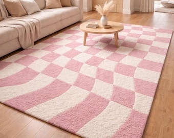 Hand-Tufted Wool Rug – Pink Wavy Checkerboard, Danish Pastel Decor