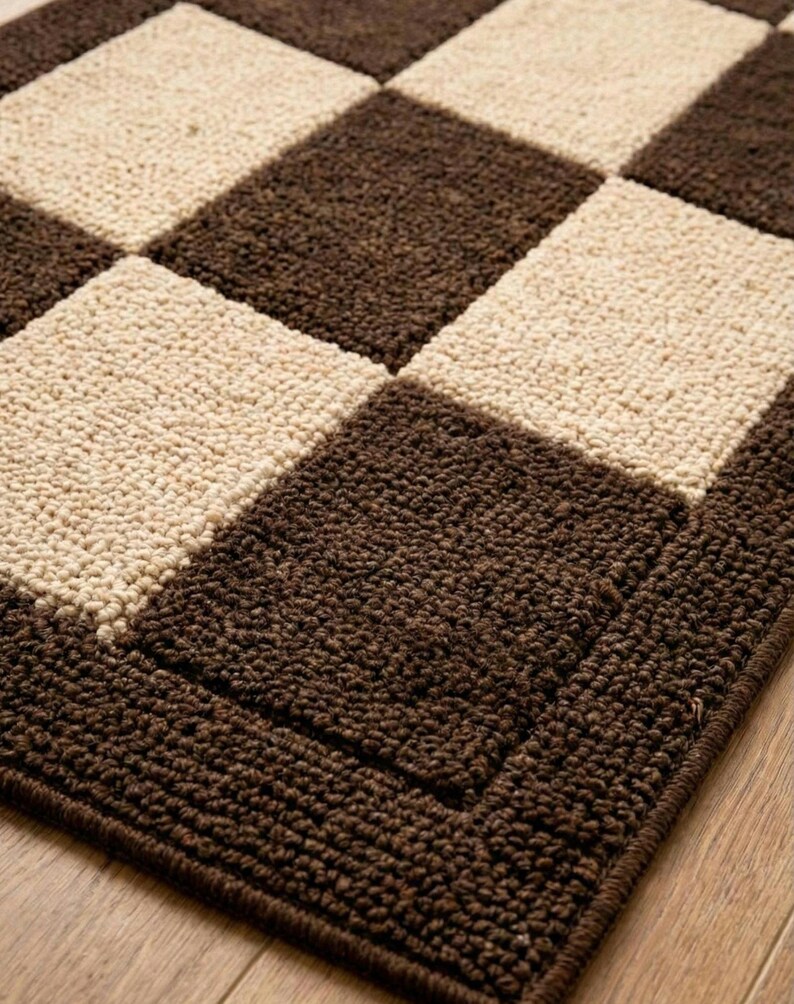 Handmade Checkerboard Area Rug | Brown Cream 100% Wool Rug | Modern Straight Check Grid | Cozy Living Room Carpet image 6