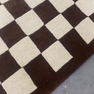 Handmade Checkerboard Area Rug | Brown Cream 100% Wool Rug | Modern Straight Check Grid | Cozy Living Room Carpet image 5