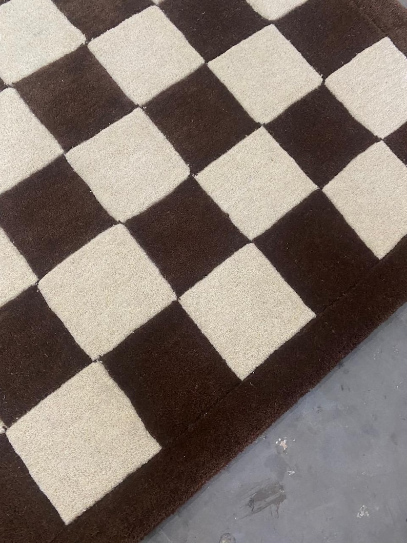 Handmade Checkerboard Area Rug | Brown Cream 100% Wool Rug | Modern Straight Check Grid | Cozy Living Room Carpet image 5