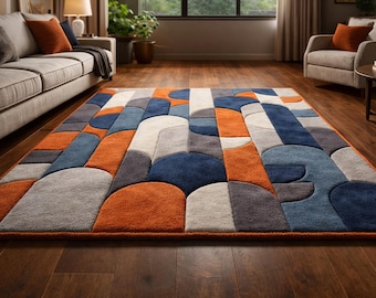 Geometrischer Teppich im Mid-Century-Modern-Stil – Abstraktes Bogenmuster in Orange, Marineblau und Creme – Plüschiges, modernes Bauhaus-Dekor