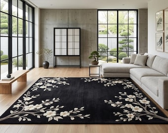 Japanischer Blumenteppich, schwarzer botanischer Teppich, Japandi-Wohnzimmerdekoration, handgetufteter Wollteppich, modernes Zen-Wohnaccessoire