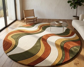 Runder abstrakter Wollteppich, Retro-Wellen-Teppich, getufteter Teppich in Erdtönen, Mid-Century-Stil