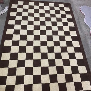 Handmade Checkerboard Area Rug | Brown Cream 100% Wool Rug | Modern Straight Check Grid | Cozy Living Room Carpet image 2