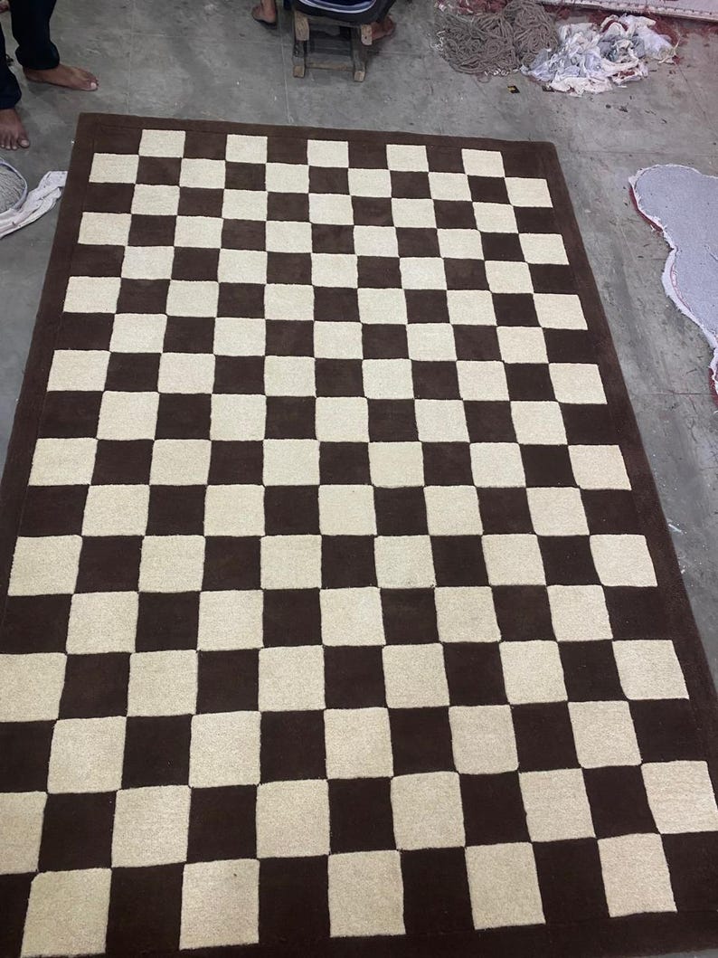 Handmade Checkerboard Area Rug | Brown Cream 100% Wool Rug | Modern Straight Check Grid | Cozy Living Room Carpet image 2