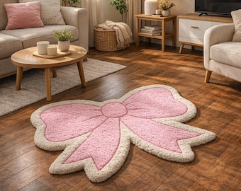Hand Tufted Pink Bow Rug, 100% Wool Ribbon Shaped Area Rug, Coquette Nursery Decor