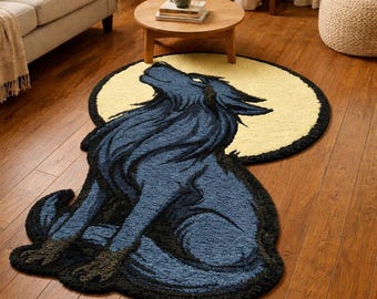 May include: A blue and black wolf rug with a yellow moon background. The rug is shaped like a wolf howling at the moon. The rug is placed on a hardwood floor. The rug is a decorative item for a living room.