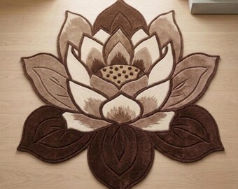 Handgetufteter Lotus-Teppich | Brauner, blumenförmiger Teppich | Boho-Zen-Wohndeko | Unregelmäßiger Teppich im Japandi-Stil | Naturinspirierte Plüschmatte