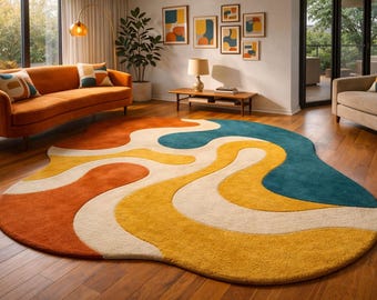 Retro 70s Style Area Rug [5X8] – Groovy Abstract Wavy Tufted Carpet – Burnt Orange, Teal & Mustard Mid Century Modern Decor