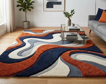 Moderner, handgetufteter Teppich mit geometrischer Kontur | Organischer Teppich in Blau und Orange | Minimalistischer Teppich mit 3D-Struktur