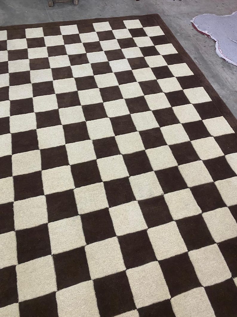 Handmade Checkerboard Area Rug | Brown Cream 100% Wool Rug | Modern Straight Check Grid | Cozy Living Room Carpet image 8