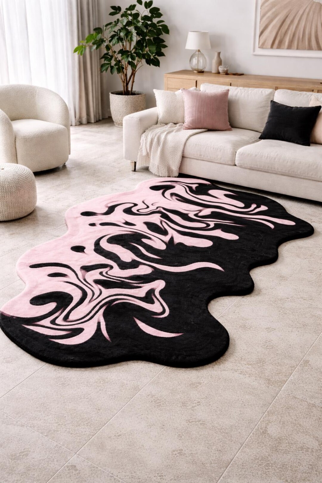 Pink & Black Abstract Fluid Shape Rug | Hand Tufted New Zealand Wool ...
