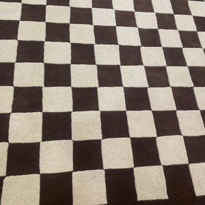 Handmade Checkerboard Area Rug | Brown Cream 100% Wool Rug | Modern Straight Check Grid | Cozy Living Room Carpet image 3