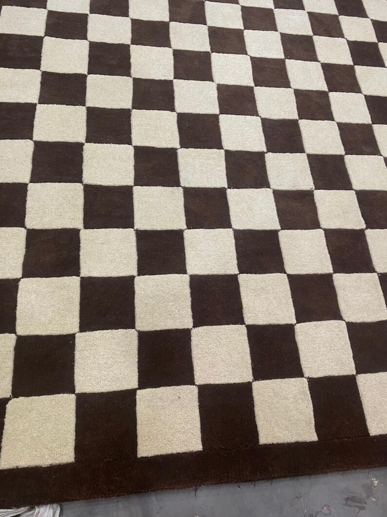 Handmade Checkerboard Area Rug | Brown Cream 100% Wool Rug | Modern Straight Check Grid | Cozy Living Room Carpet image 3