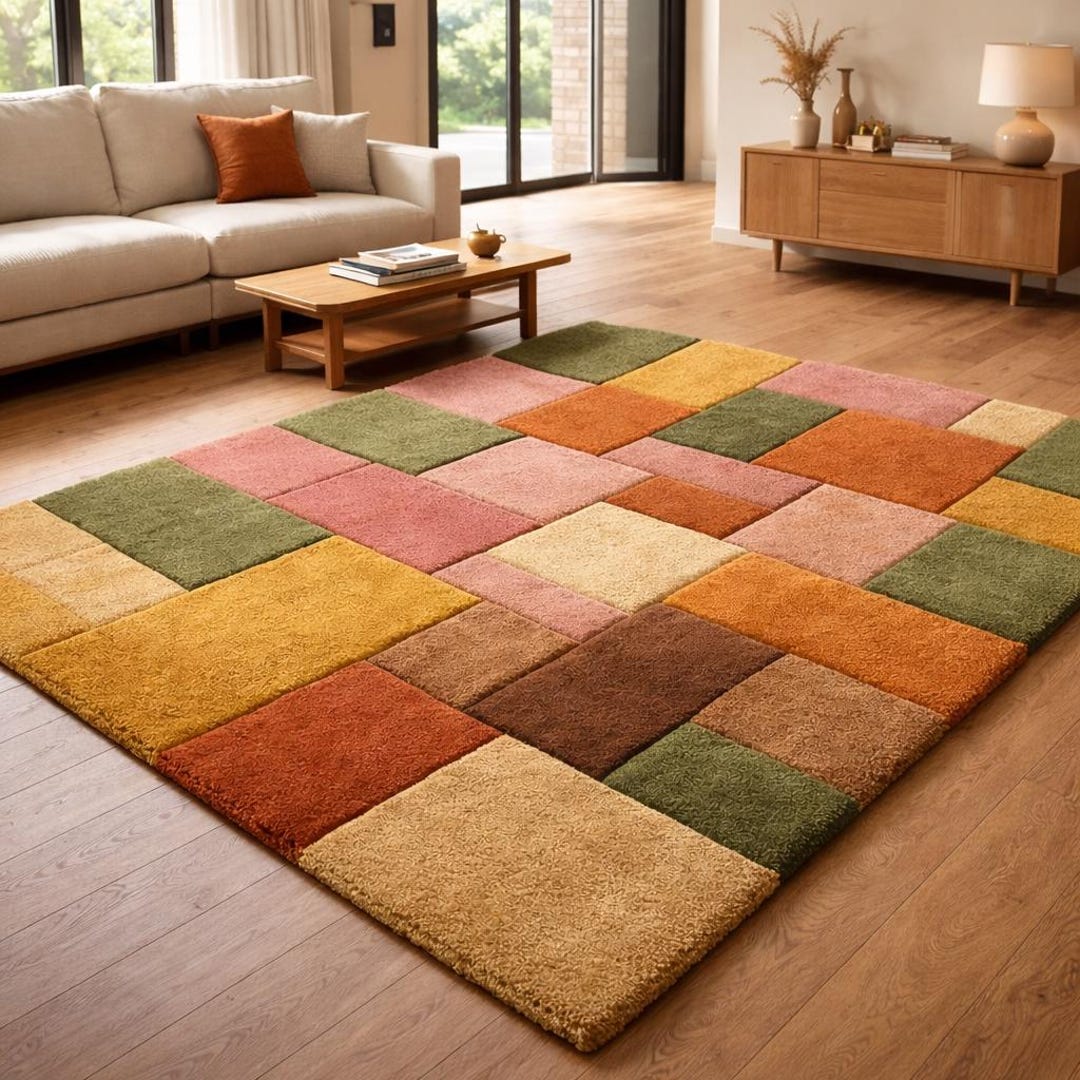 Earthy Colorblock Mid-century Modern Retro Colorblock Area Rug | Earth Tone Patchwork ...