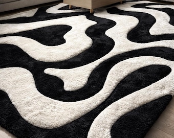 Retro-Teppich im Op-Art-Stil der 60er Jahre [8x11] – Ausgefallener, psychedelischer Teppich mit wirbelndem Muster – Modernes und ausdrucksstarkes Dekorationselement