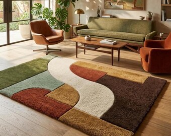 Geometrischer Wollteppich im Mid-Century-Modern-Stil, getufteter Wohnzimmerteppich in Erdtönen, abstrakter Retro-Teppich im 70er-Jahre-Stil mit Wellenmuster, Boho-Teppich in Grün-Terracotta
