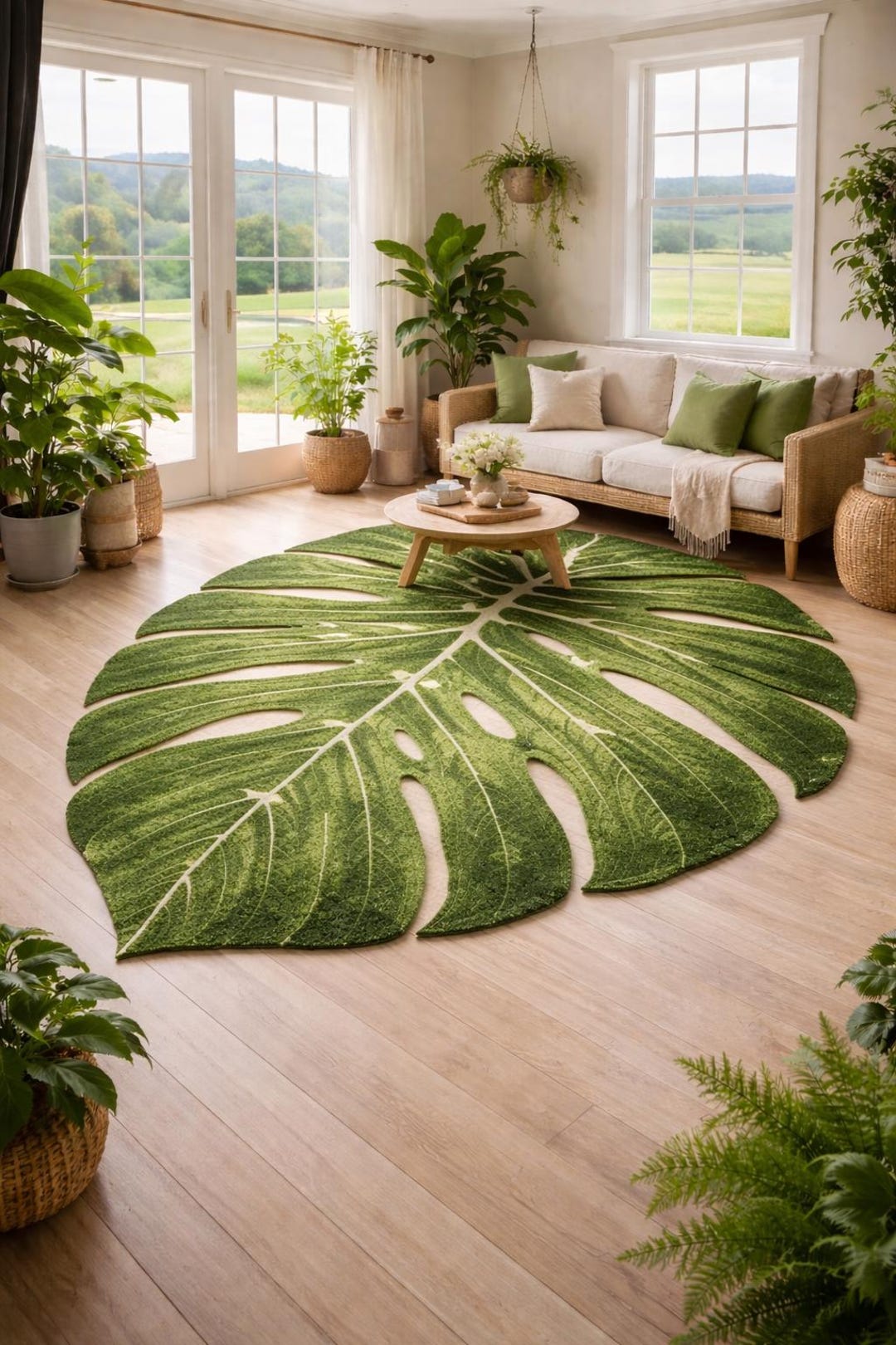 Hand Tufted Monstera Leaf Rug – Green Botanical Area Rug, 3D Textured ...