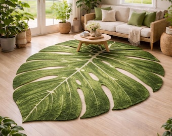 Handgetufteter Monstera Blattteppich - Grüner botanischer Teppich, 3D strukturierte Bodenmatte in Pflanzenform, Natur inspirierte Wohnzimmerdekoration