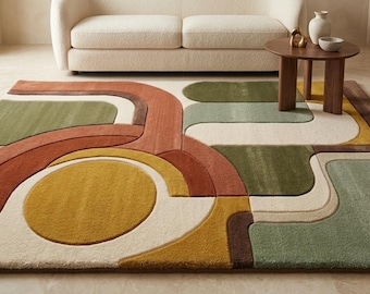 Abstrakter geometrischer Teppich, moderner handgetufteter Teppich, erdiger Retro-Wohnzimmerteppich