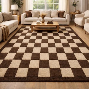 Handmade Checkerboard Area Rug | Brown Cream 100% Wool Rug | Modern Straight Check Grid | Cozy Living Room Carpet image 1
