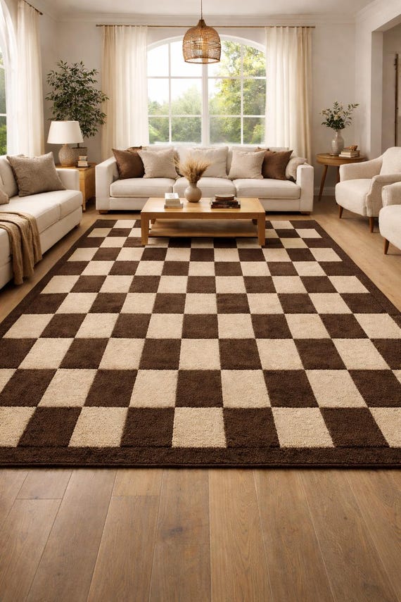 Handmade Checkerboard Area Rug | Brown Cream 100% Wool Rug | Modern Straight Check Grid | Cozy Living Room Carpet