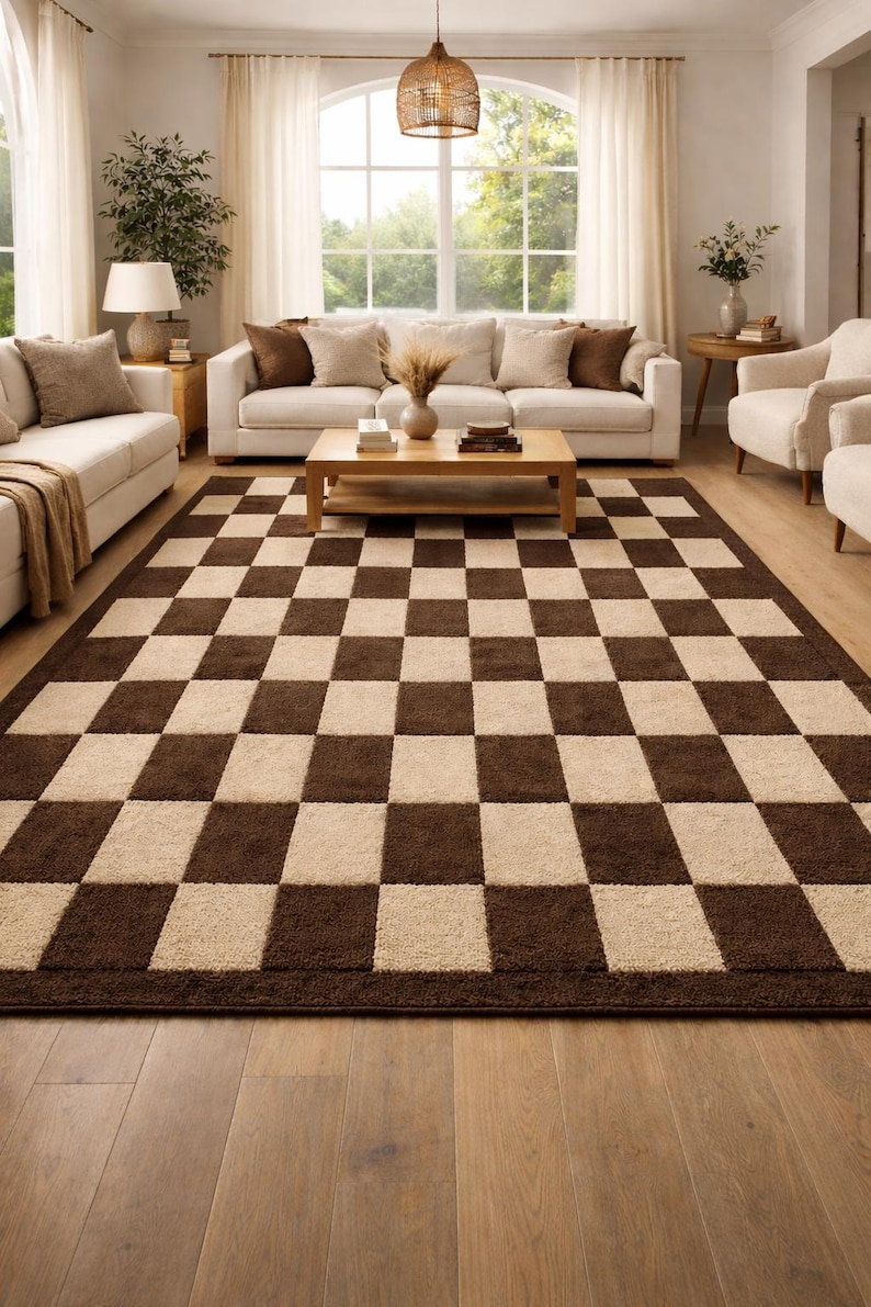 Handmade Checkerboard Area Rug | Brown Cream 100% Wool Rug | Modern Straight Check Grid | Cozy Living Room Carpet image 1